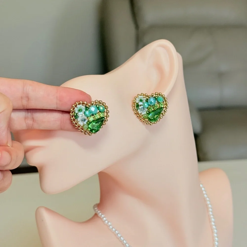 Gold-Trim Green Heart Cluster Stud Earrings